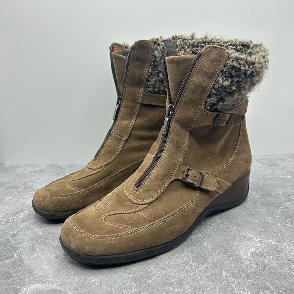 Aquatalia Brown Suede Leather Wedge Bootie Boots Size 11 Shearling Zipper Buckle - Picture 1 of 14